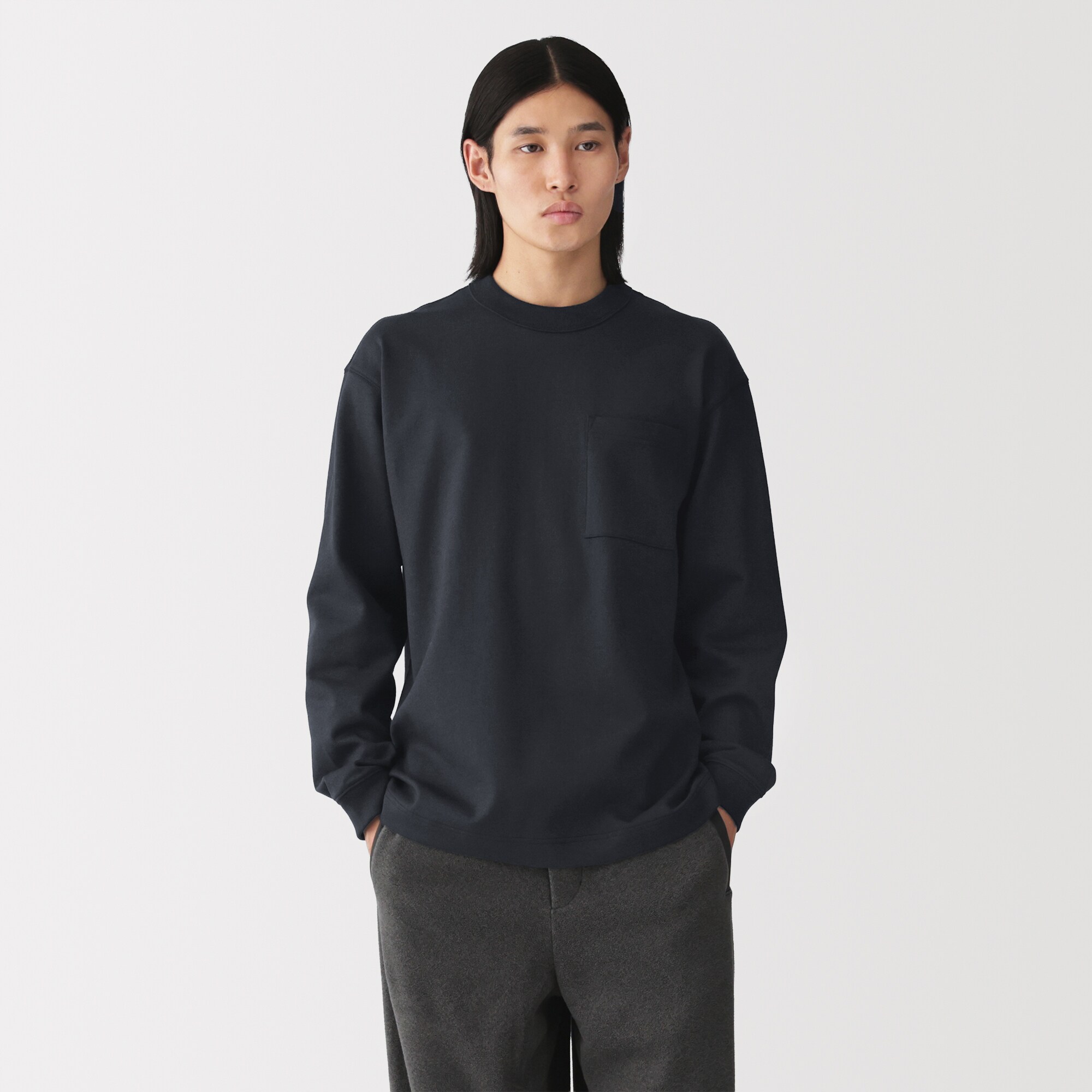 紳士　木の実から作ったカポック混太番手クルーネック長袖Ｔシャツ