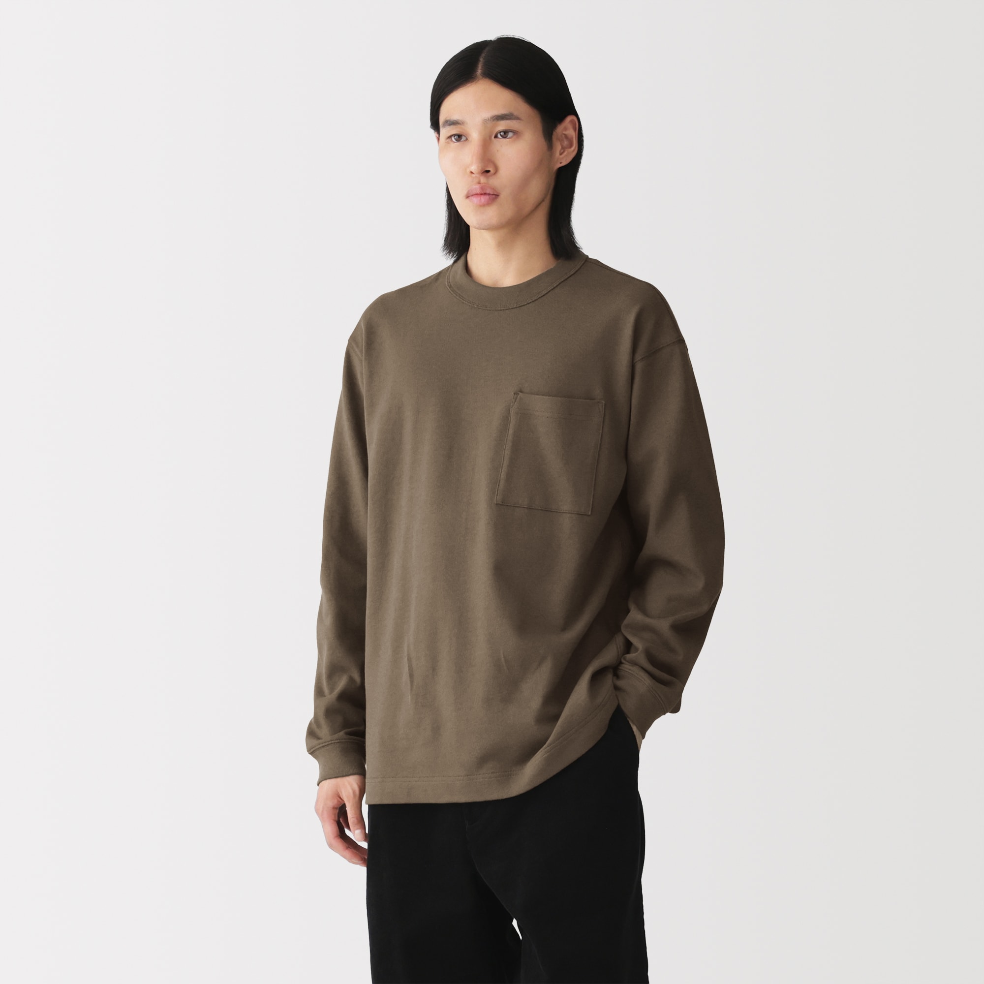 紳士　木の実から作ったカポック混太番手クルーネック長袖Ｔシャツ