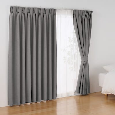 ポリエステル杢糸ドビー織（防炎・遮光性）２倍ヒダプリーツカーテン／グレー