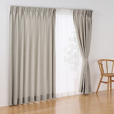 ツイード調リングヤーン使い（防炎）２倍ヒダプリーツカーテン／グレー