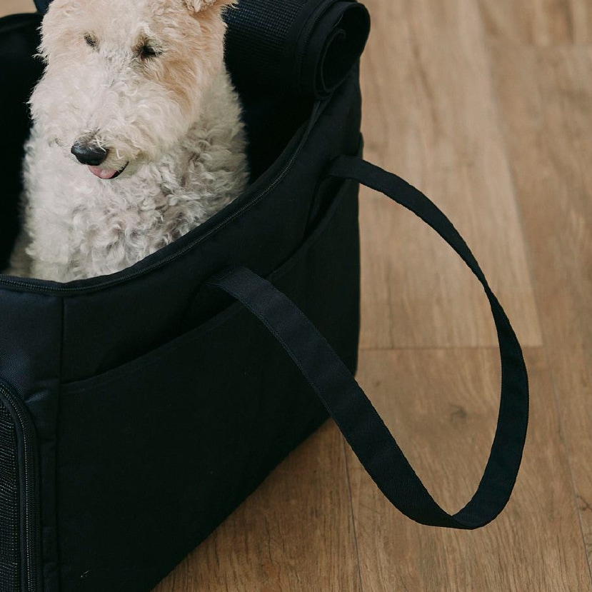 大型ポケット＆ショルダーストラップ　A5サイズの診察券ファイルや500mLボトルが収納可能。手荷物を最小限に抑えられ、傘やリードの操作もスムーズに行えます。