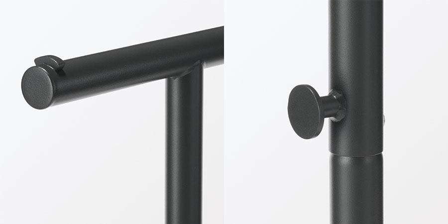 耐荷重について。傘は均等に荷重がかかるように掛けてください。ハンガー部分は3kg、フックは1kgまで傘などを掛けられます。