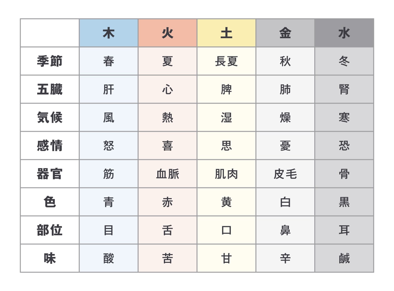 無印良品　漢方　五行色体表　春　肝　不調