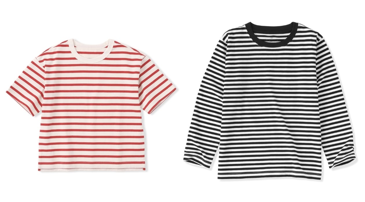 無印良品のキッズ 太番手クルーネック五分袖Tシャツとキッズ 綿天竺編みクルーネック長袖Tシャツ ボーダー