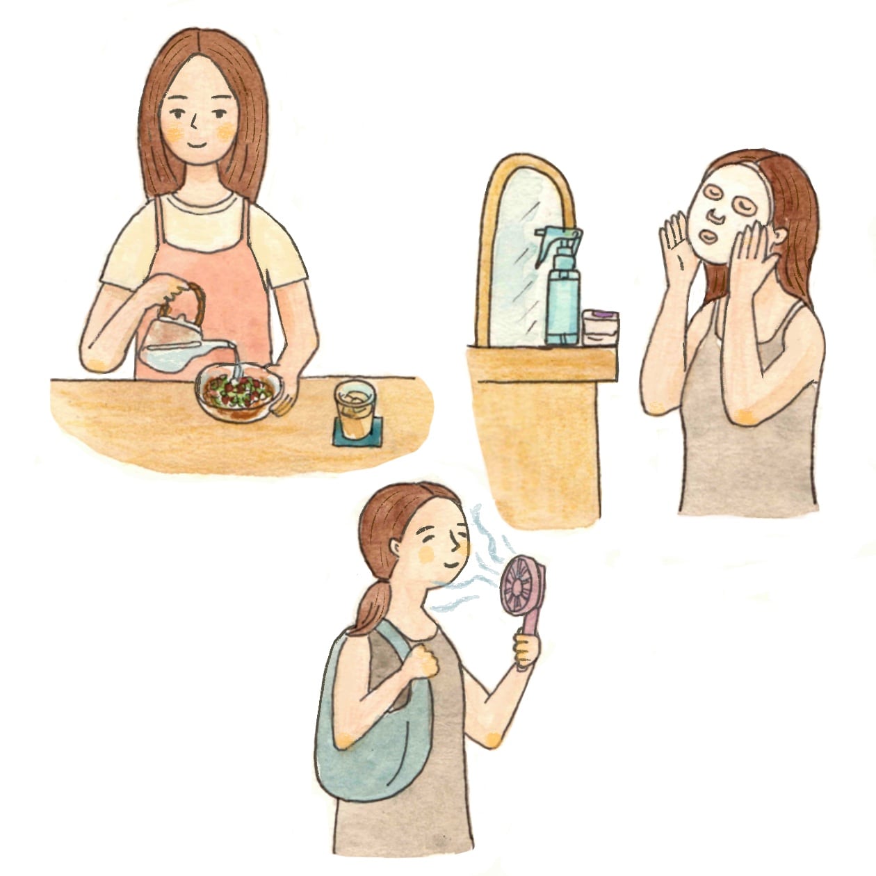 無印良品のアイテムで夏を快適に楽しむ女性のイメージイラスト