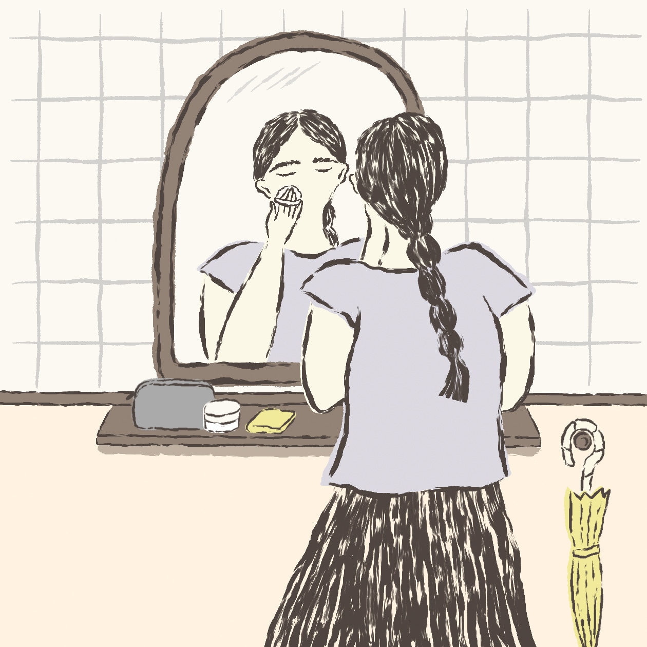 日焼け止めパウダーをつかう女性のイラスト