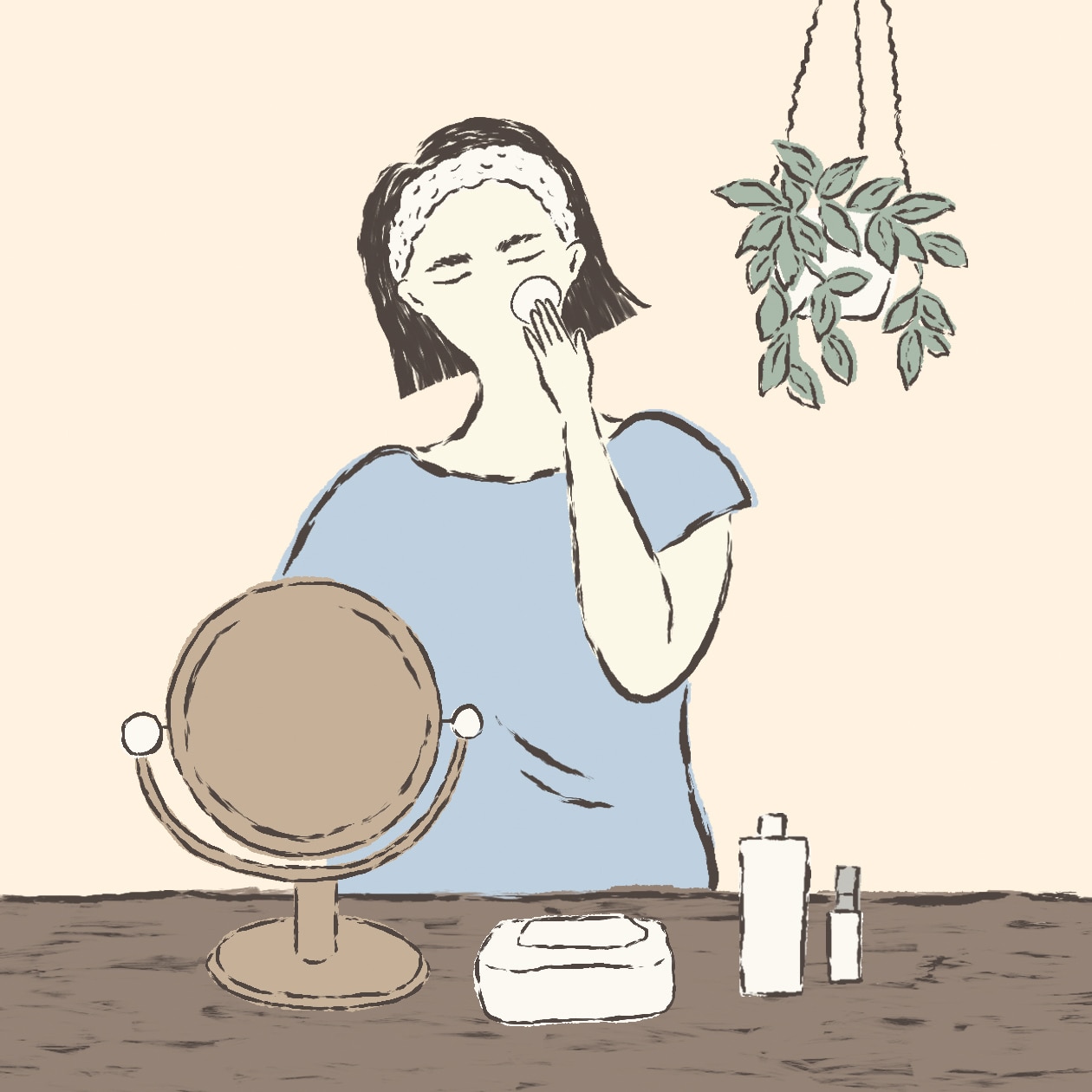 日焼け後の肌を丁寧に保湿する女性のイラスト