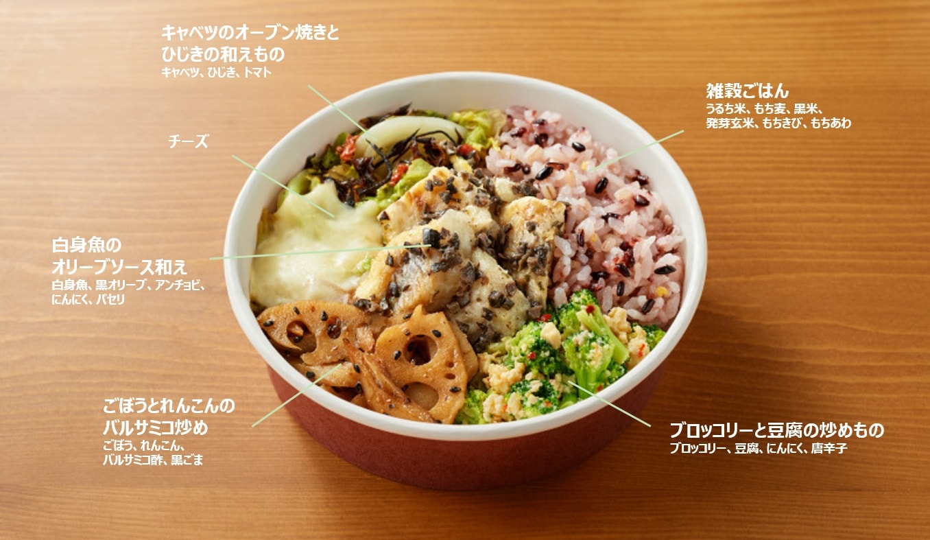 １／３日分の野菜を使った雑穀ごはん　白身魚のオリーブソースとグリル野菜の具材の画像