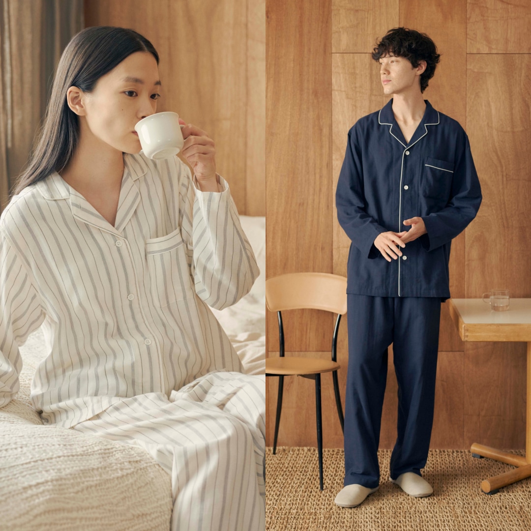 長袖パジャマを着た男性と女性モデルの画像