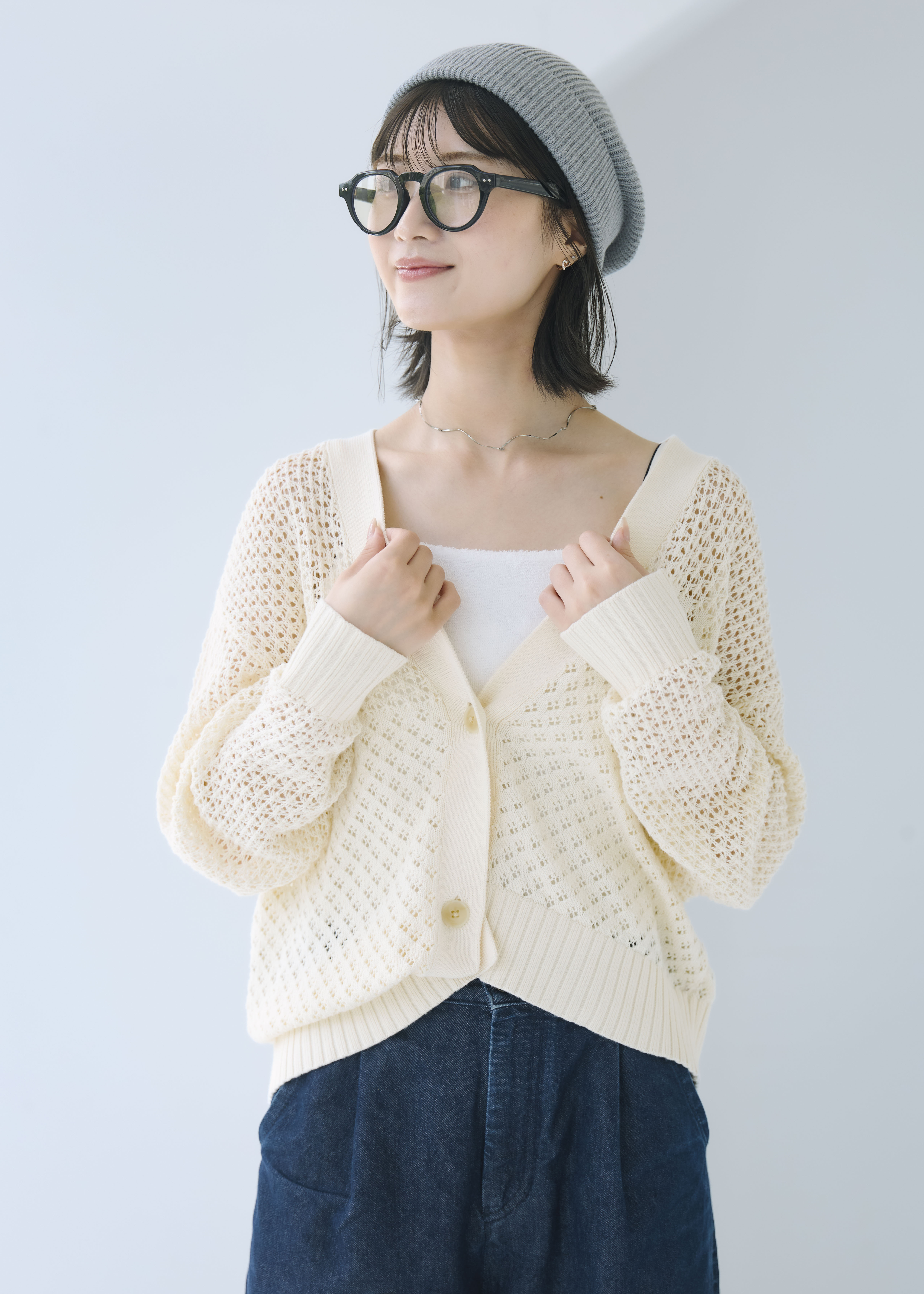 無印良品の婦人 コットン透かし編みニット 長袖カーディガン