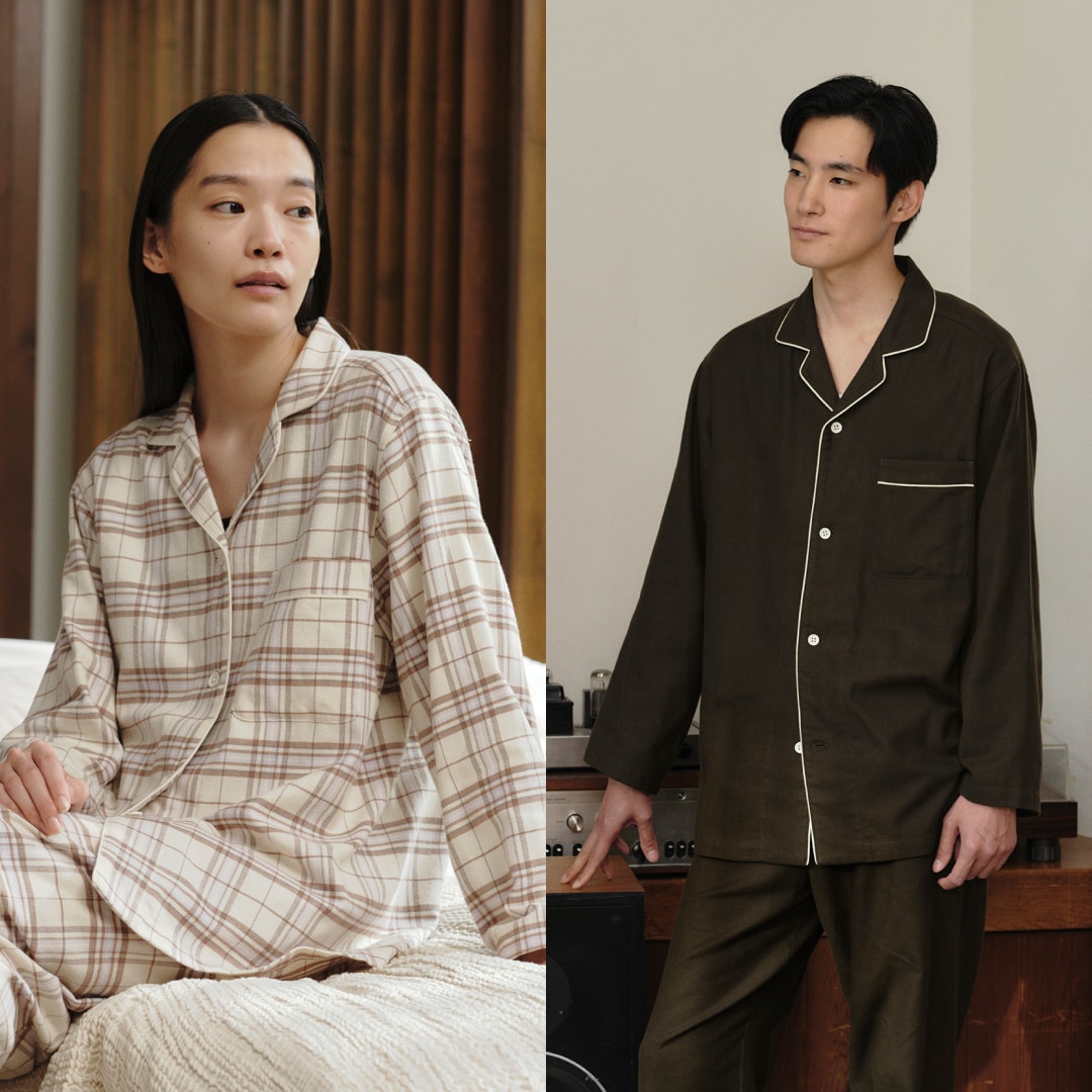 長袖パジャマを着た男性と女性モデルの画像