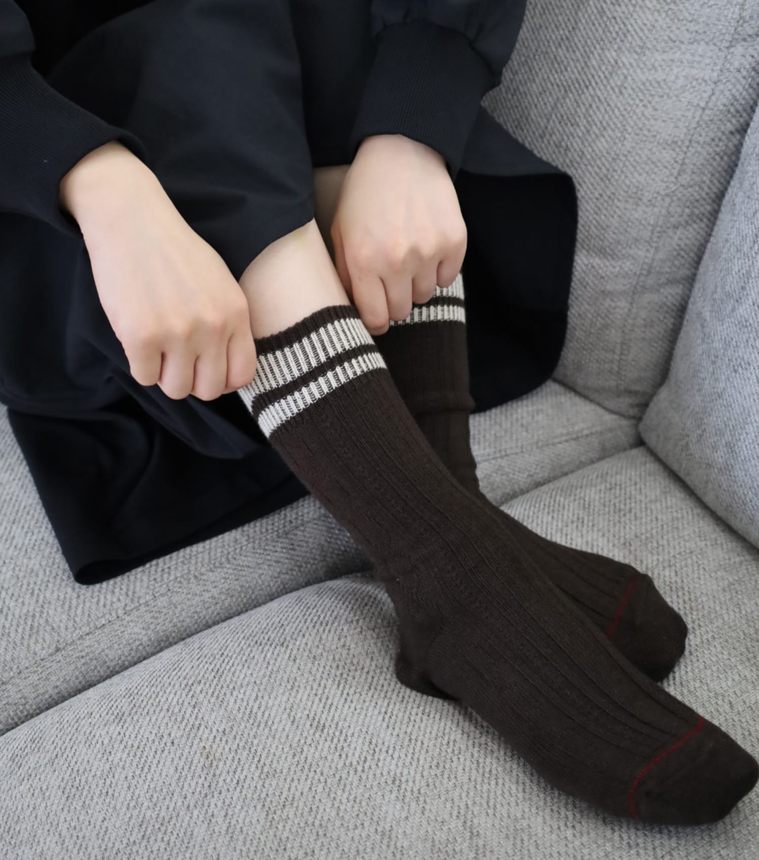 無印良品 婦人 足なり直角 あったか綿 ラインケーブル靴下(ウール入り)