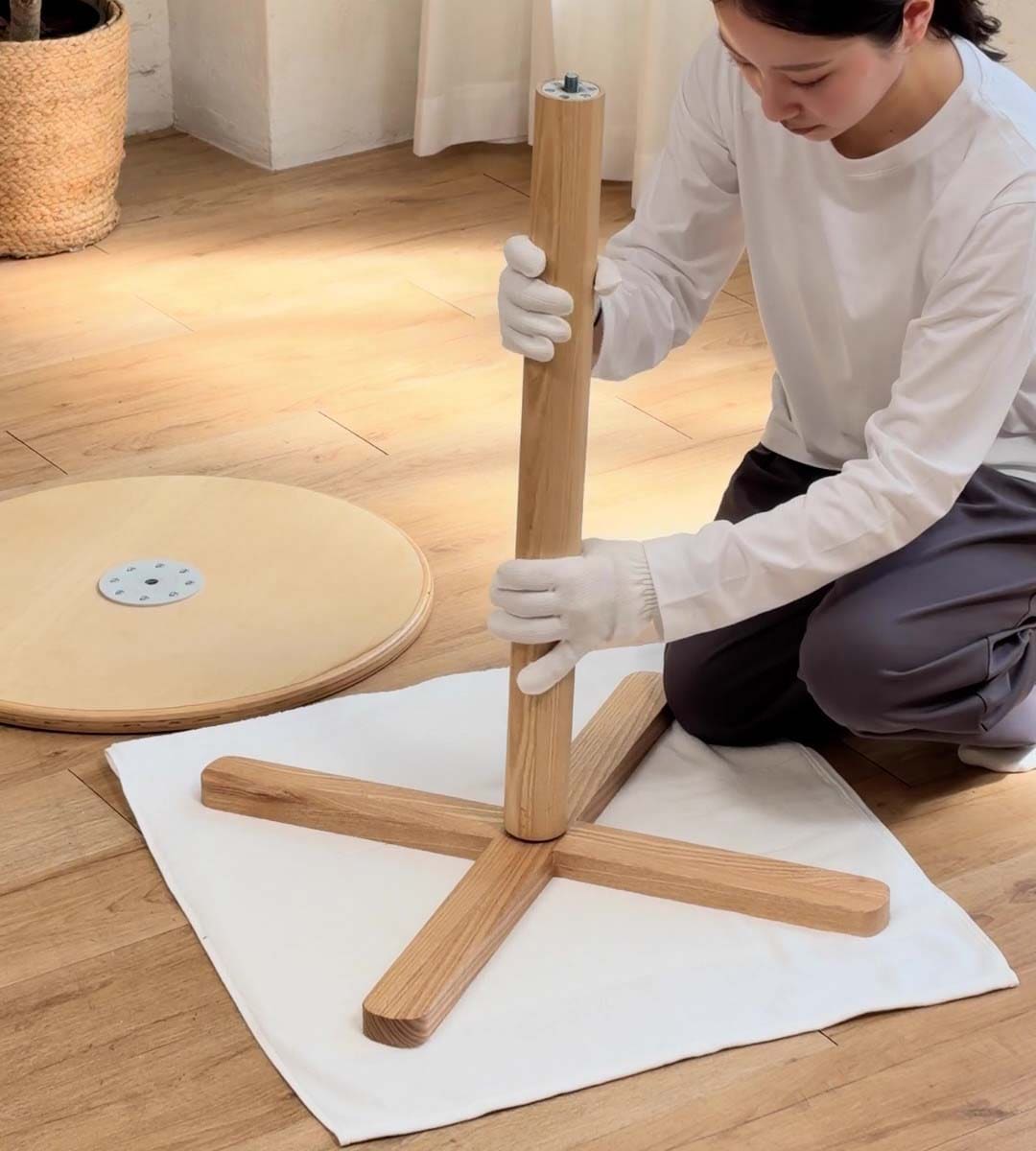 無印良品の 手軽に組み立てられる木製カフェテーブル を組み立てている人物