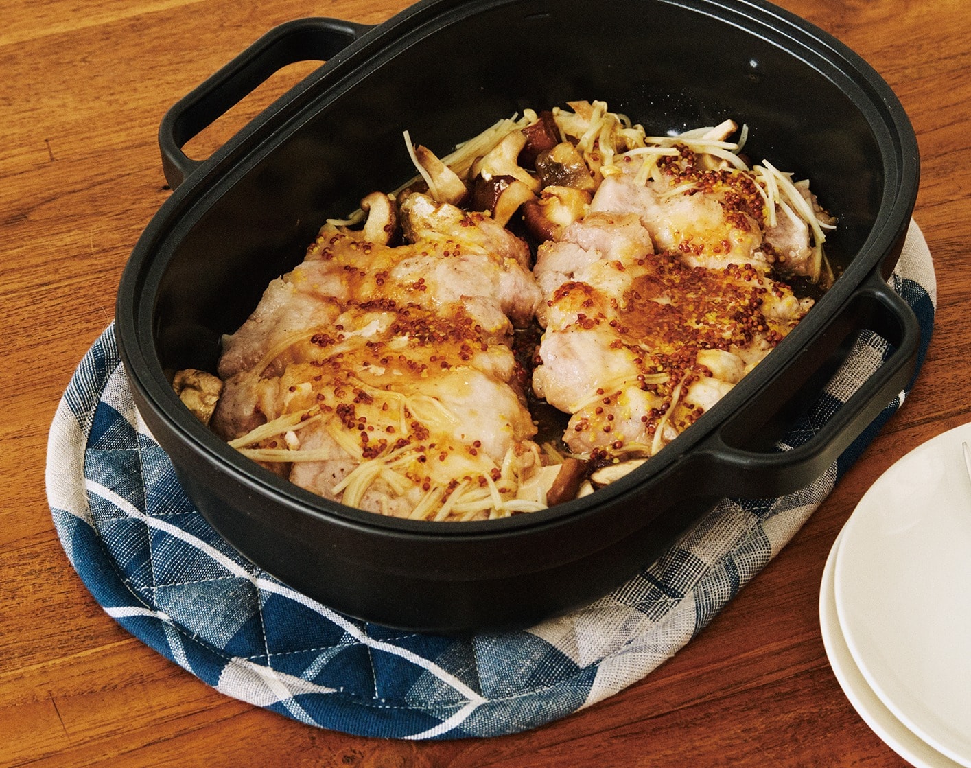 無印良品のレンジで焼き料理 グリルプレートで作るポークソテー ハニーマスタードきのこソース
