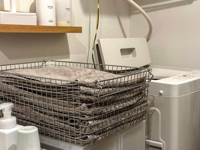無印良品のステンレスワイヤーバスケットを使った洗面所収納