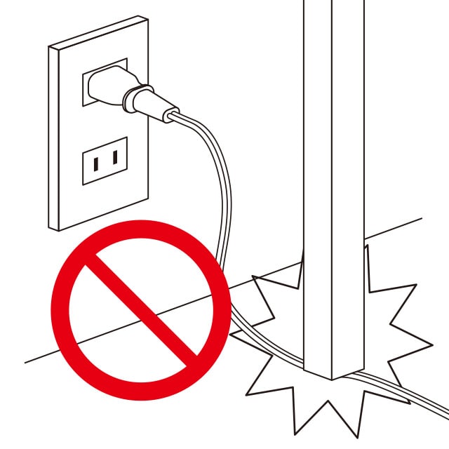 コードを固定したり、ドアや家具にはさんだり、ものをのせて使用しないでください。断線や発熱による火災の原因となります。