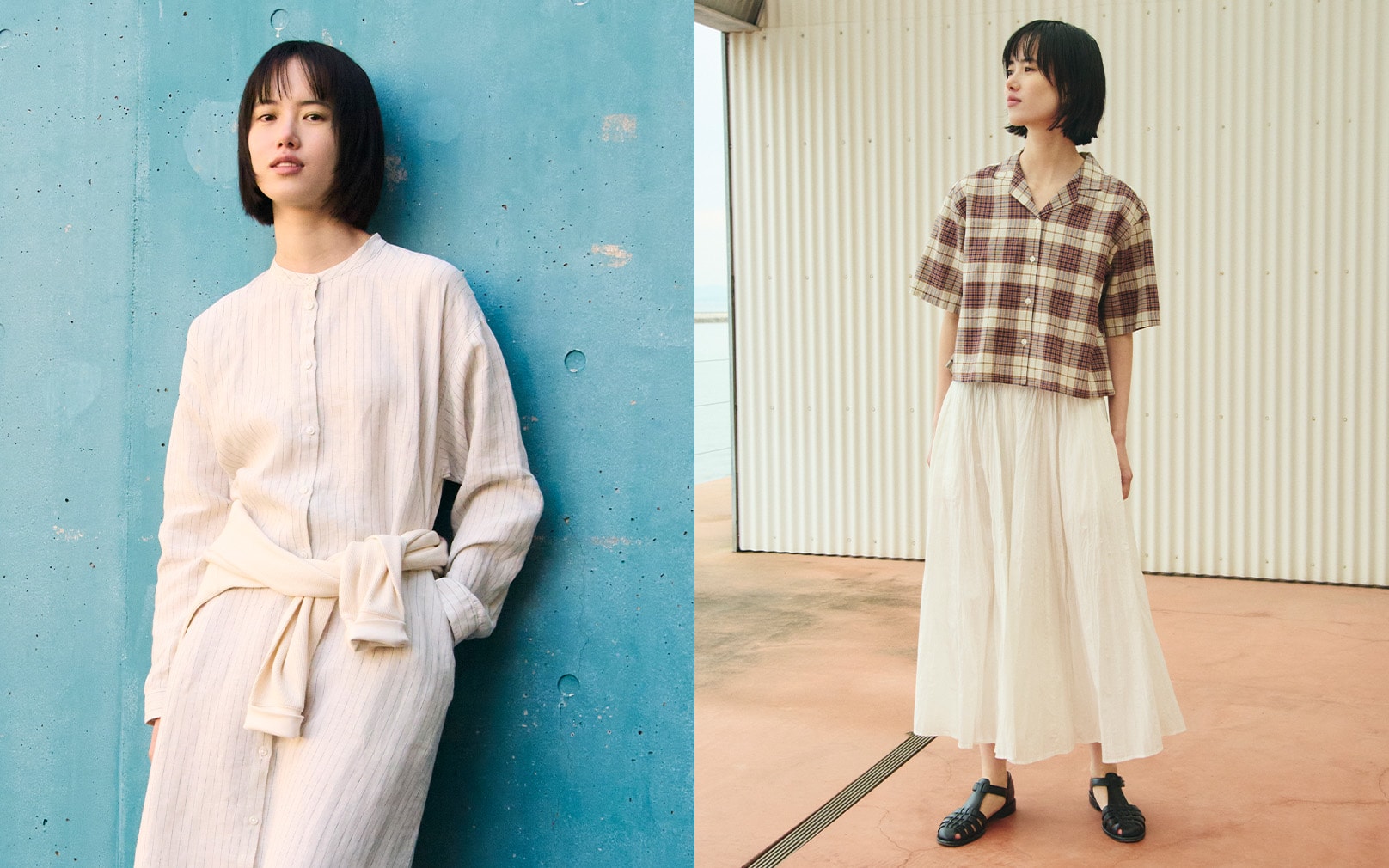 夏素材(リネン・強撚)のトップス・ボトムス。