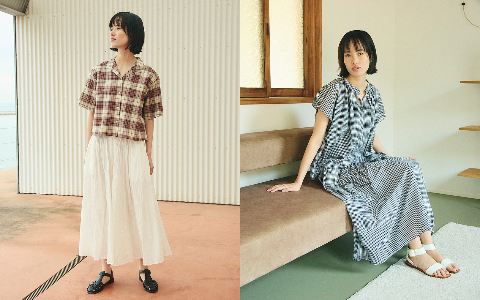 夏素材(リネン・強撚)のトップス・ボトムス。
