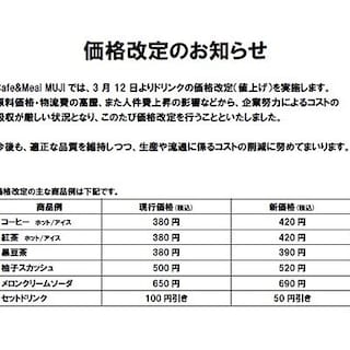 【Café＆MealMUJI吉祥寺マルイ】ドリンク価格改定のお知らせ