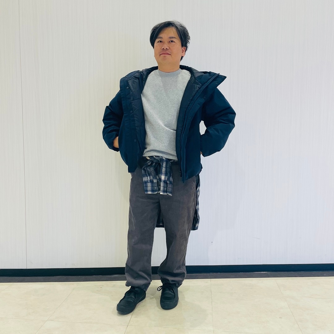 紳士中わたフードジャケットコーデ