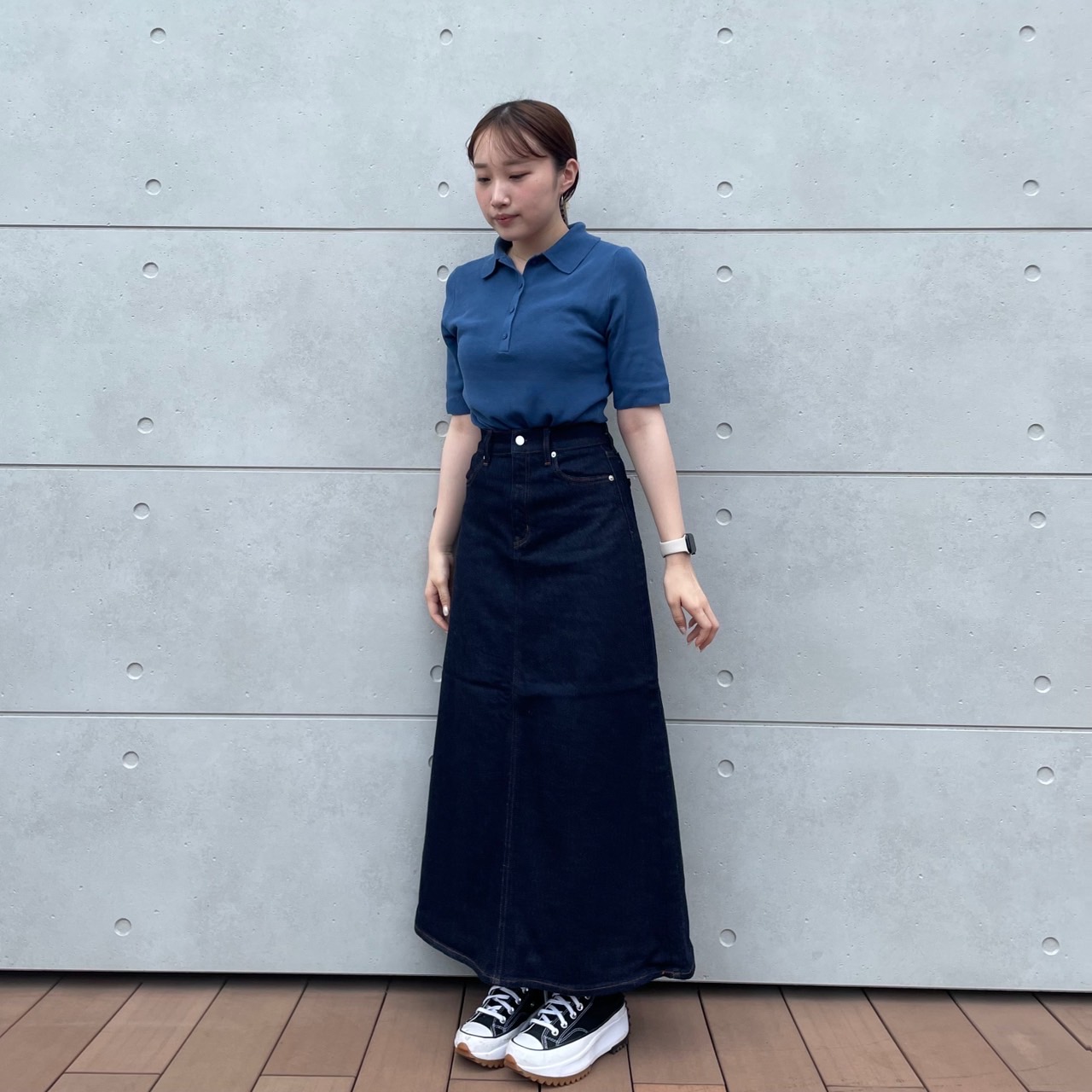 【ルミネ立川】UVカット　リブ編み　五分袖ポロセーター、ストレッチデニム　Aラインスカート