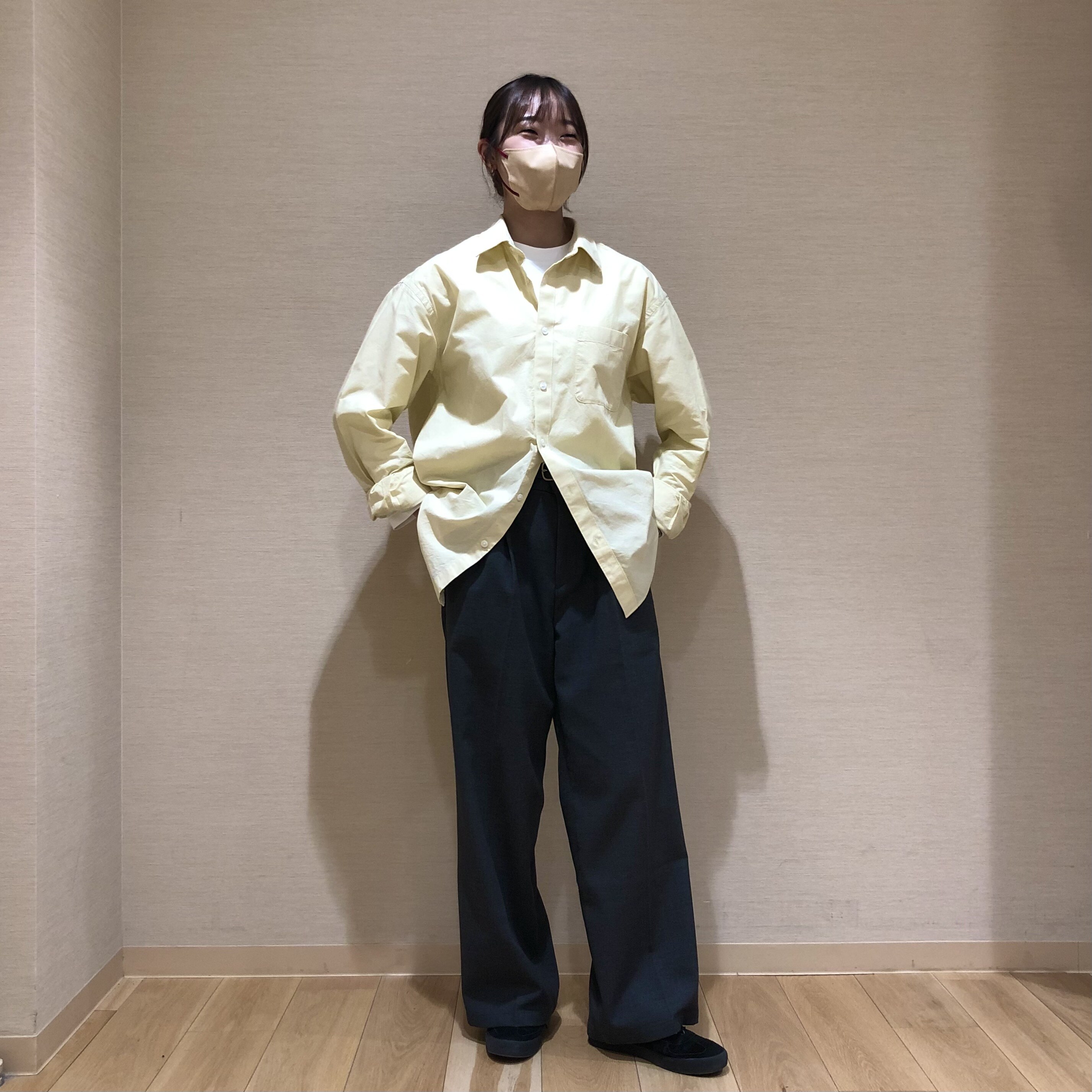 洗いざらしブロード長袖シャツ・紳士L・ライトイエロー