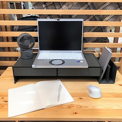 スチールモニタースタンド 引出付・ワイド・ダークグレー | 無印良品