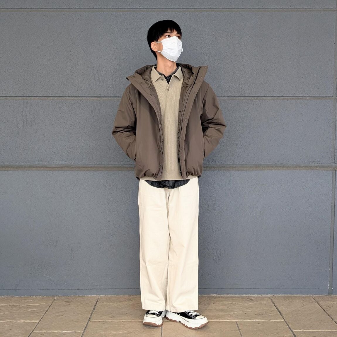 紳士　洗える畦編みポロセーターを使用したコーディネート