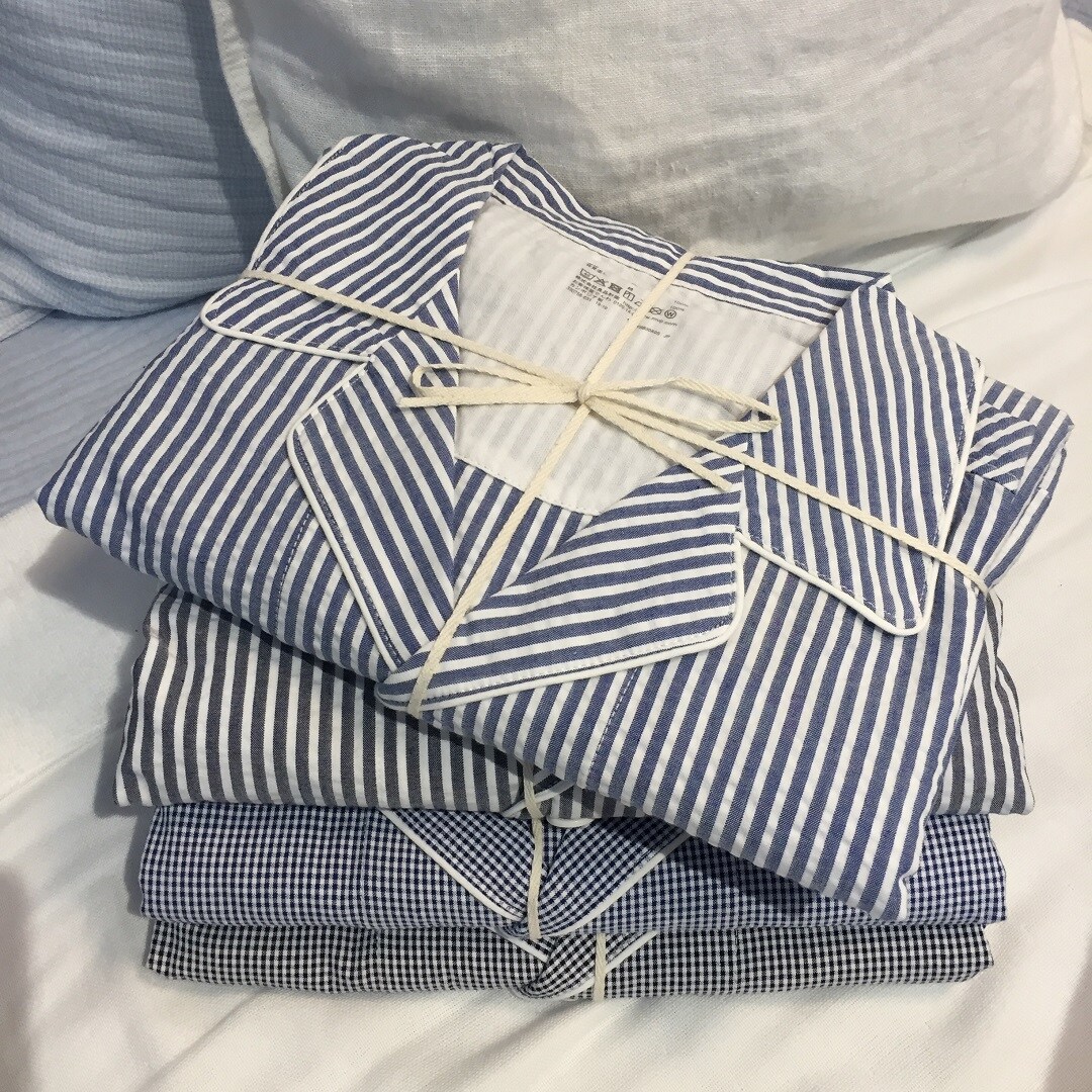 yunaoki　無印良品　サッカー織　半袖パジャマネイビーチェック柄　M yunaoki様 専用 無印良品 サッカー織 半袖パジャマネイビー