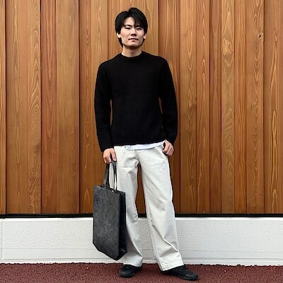 紳士 メリノウール畦編みエルボーパッチ付きクルーネックセーター