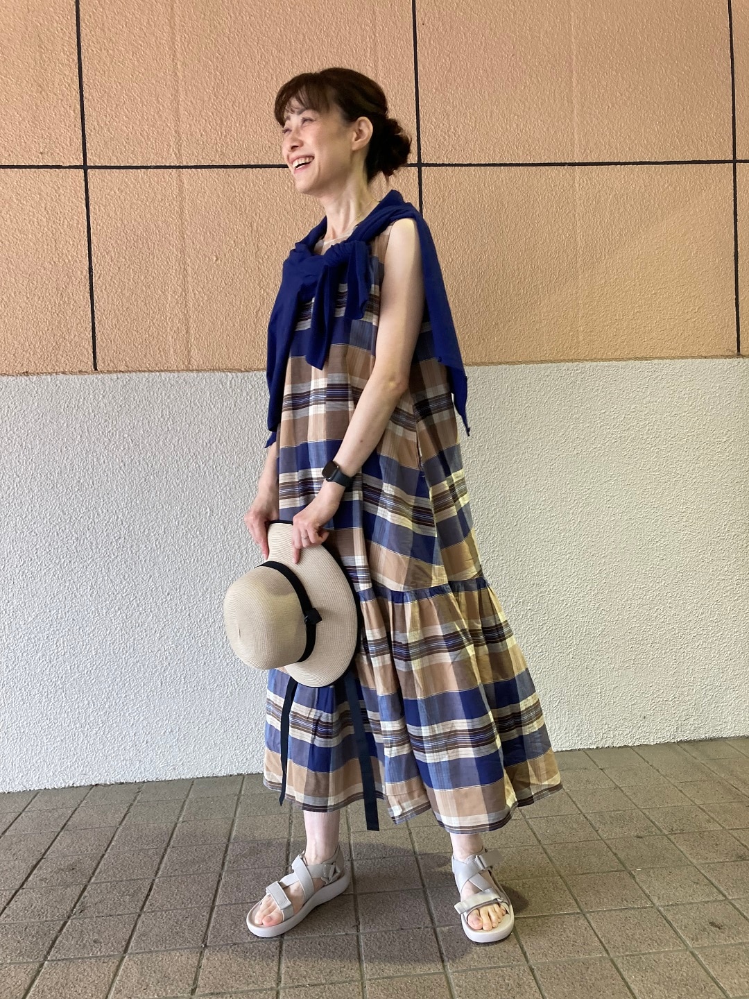 婦人　マドラスチェック　スリーブレスワンピース