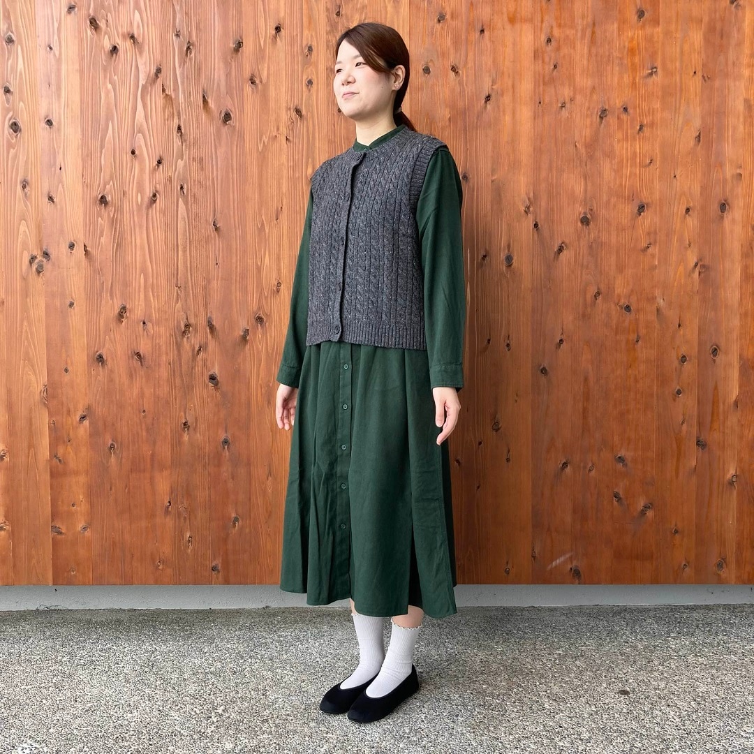 両面起毛フランネルスタンドカラー長袖ワンピース