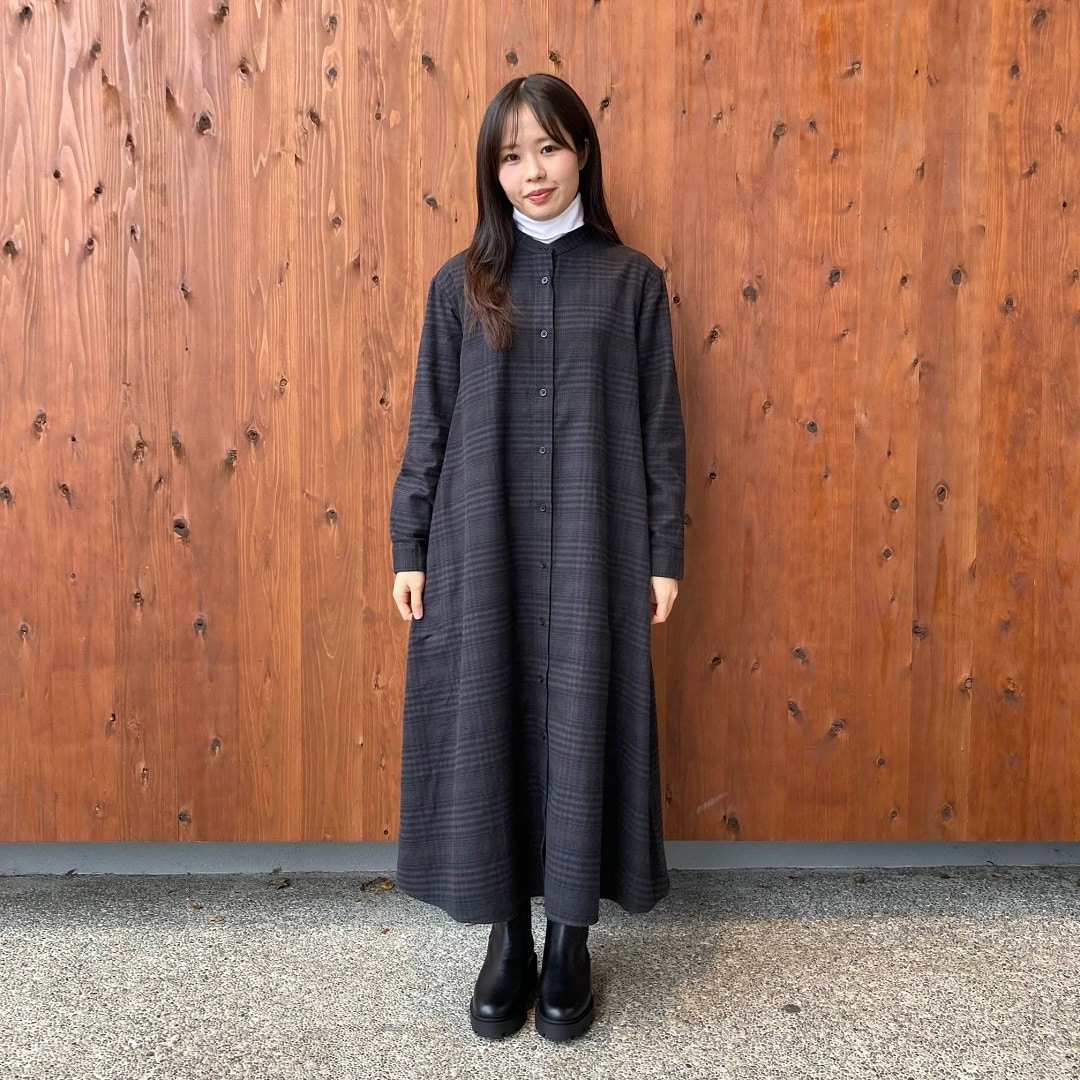 両面起毛フランネルスタンドカラー長袖ワンピース