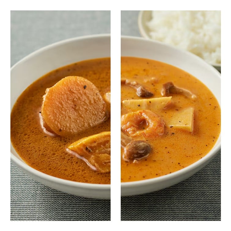 「真昆布だしとトマトのスープカレー」と「海老とトマトのクリーミースープカレー」の商品画像