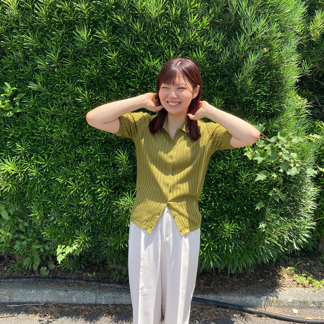 なめらかリブ透かし編み五分袖ポロカーディガン