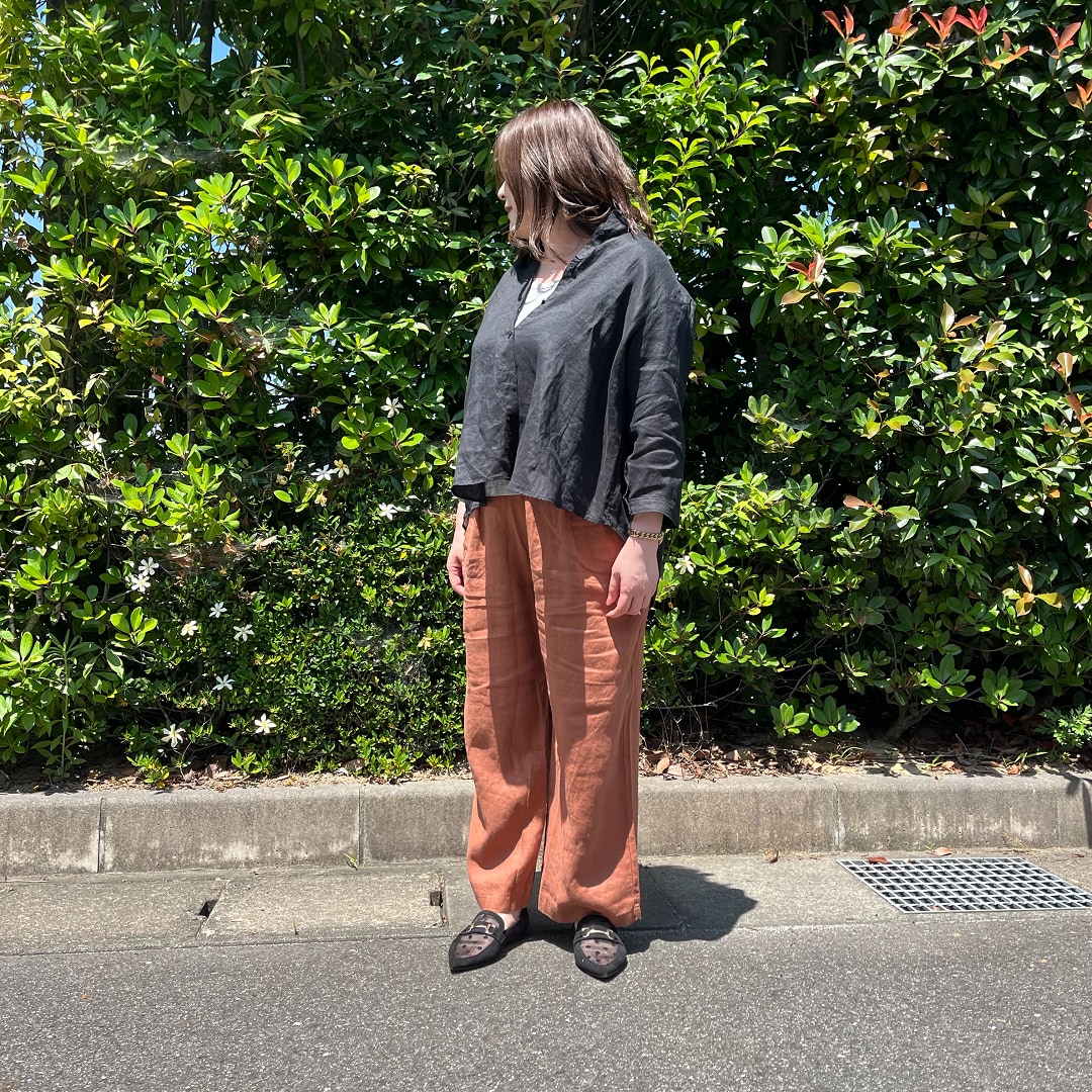 婦人リネン洗いざらしイージーワイドパンツ