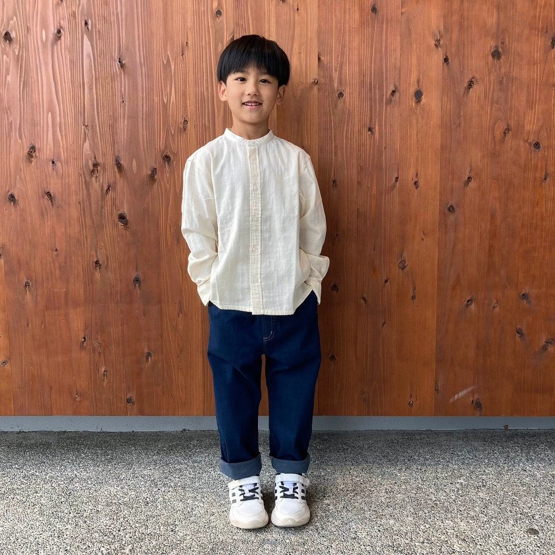 二重ガーゼスタンドカラー長袖シャツ