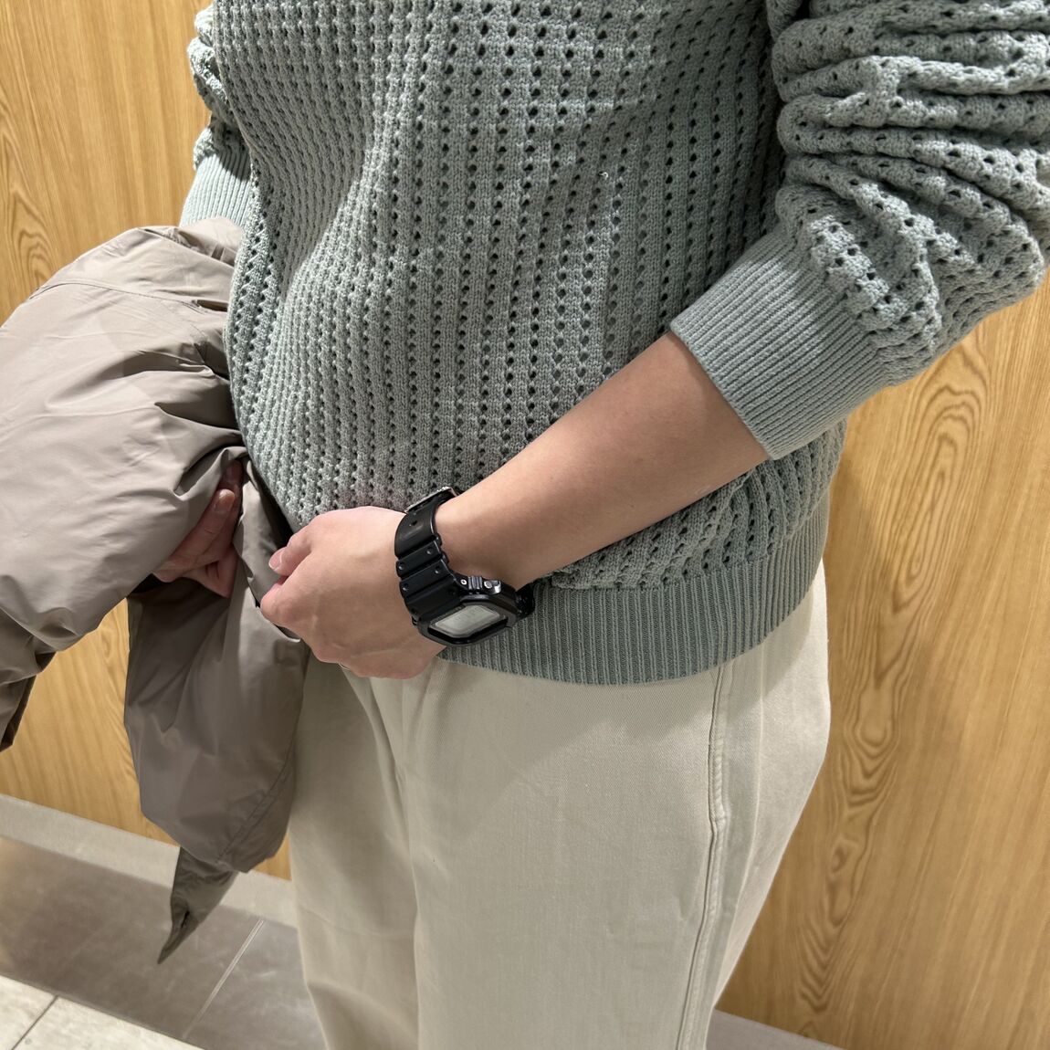 メッシュクルーネックセーター　ライトグリーン