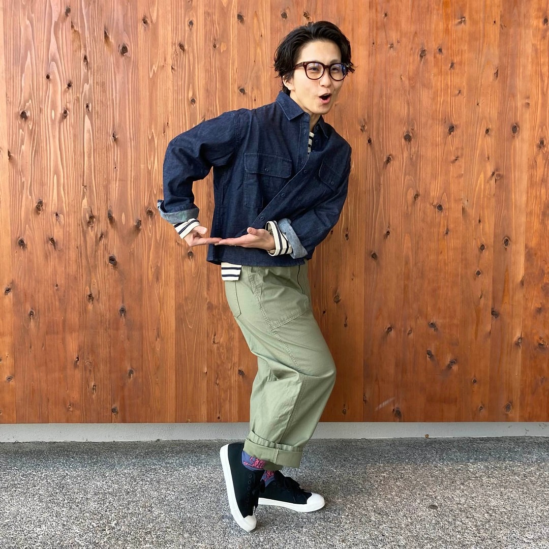 カポック混ライトデニム長袖シャツ