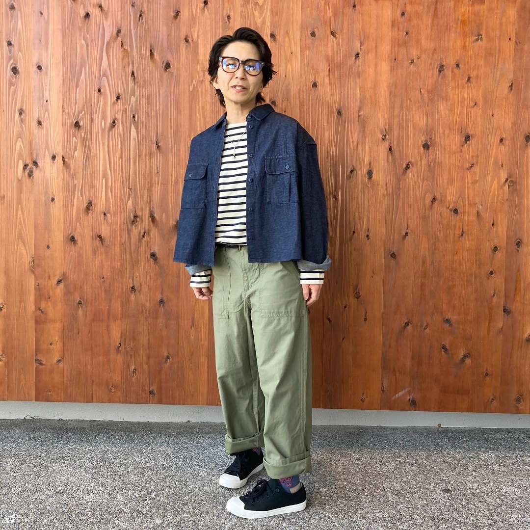 カポック混ライトデニム長袖シャツ