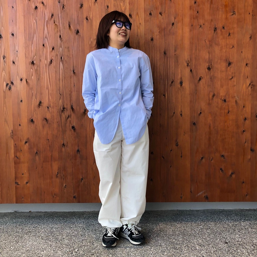 洗いざらしブロードスタンドカラーロングシャツ