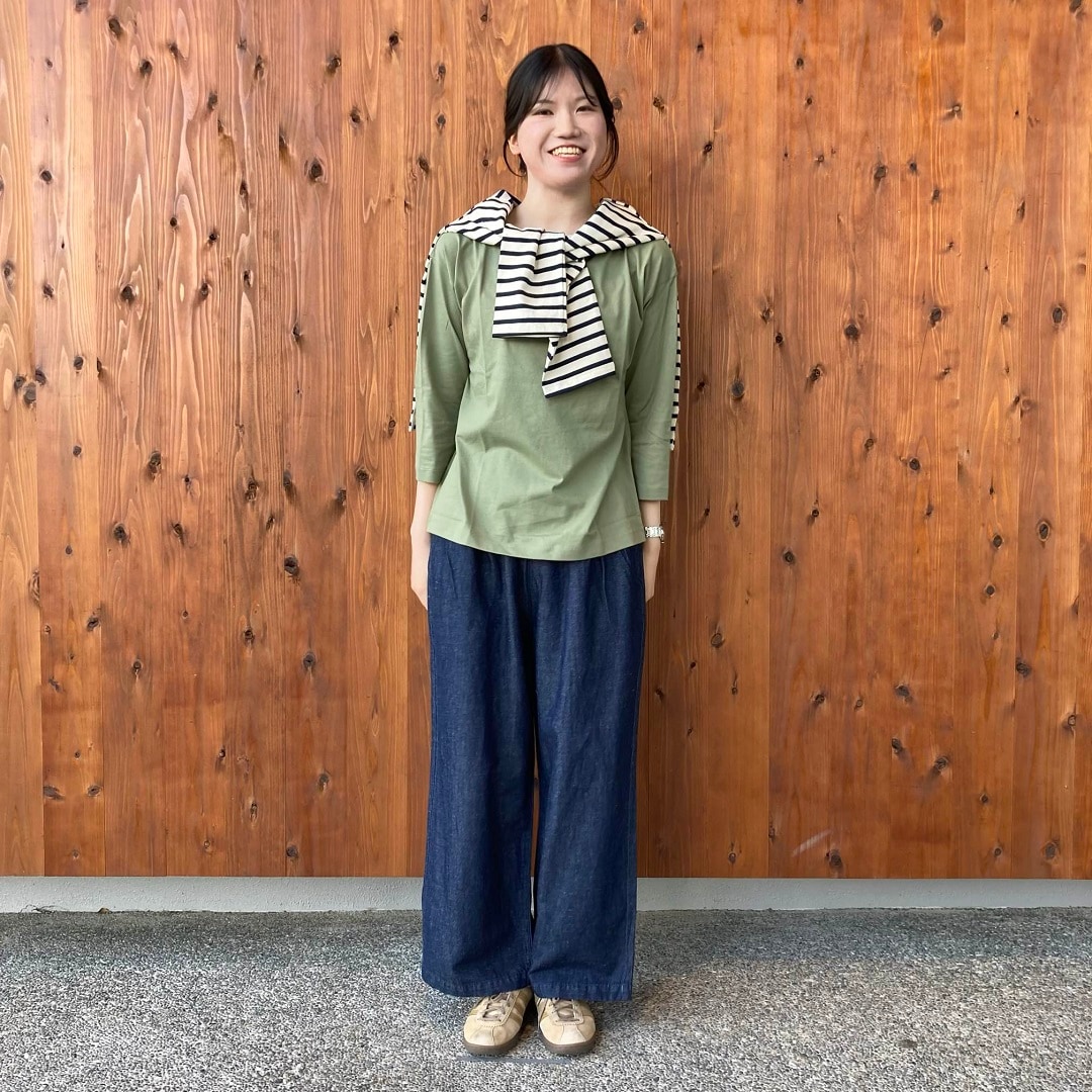 天竺編みボートネック七分袖Tシャツ