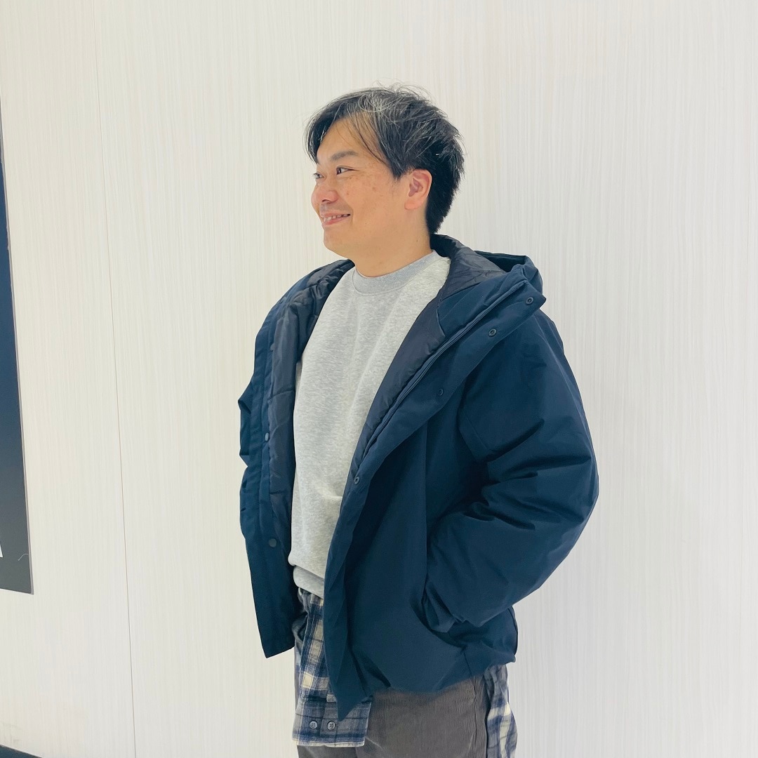 紳士中わたフードジャケットコーデ