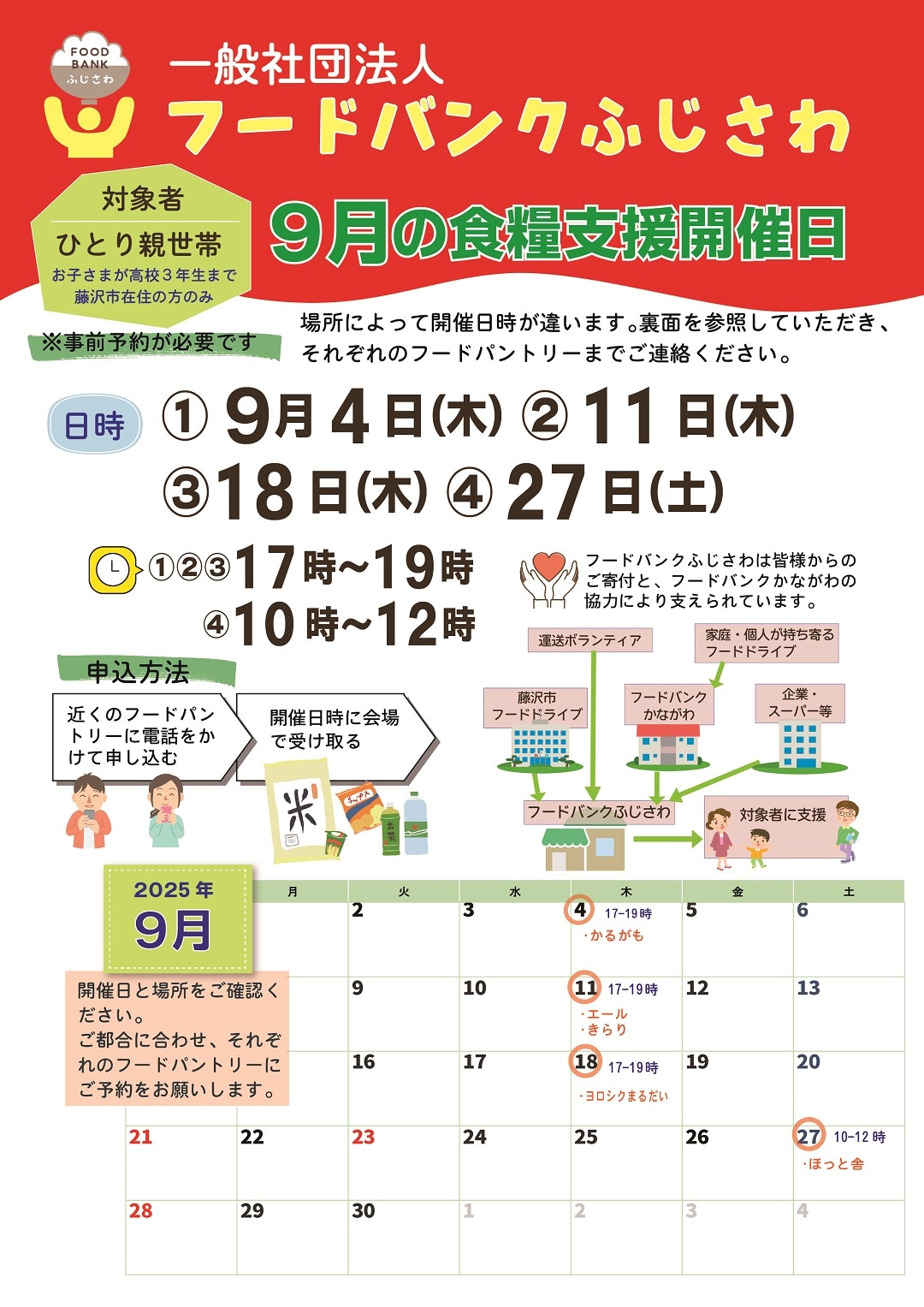 【テラスモール湘南】フードバンクふじさわ様の2025年8月の食糧支援開催日のカレンダー
