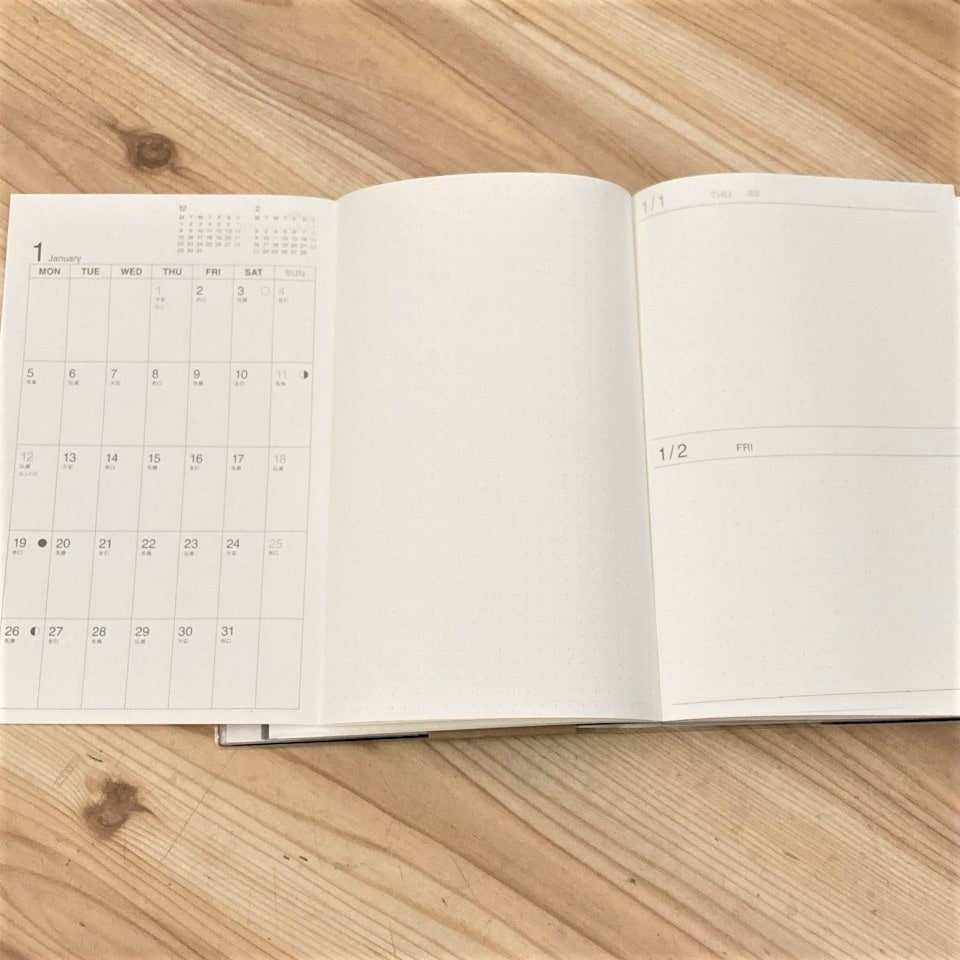 【テラスモール湘南】商品「一覧できるスケジュール帳」のとじ込みを開いてマンスリー、フリースペース、デイリーページを一覧できる状態にした写真