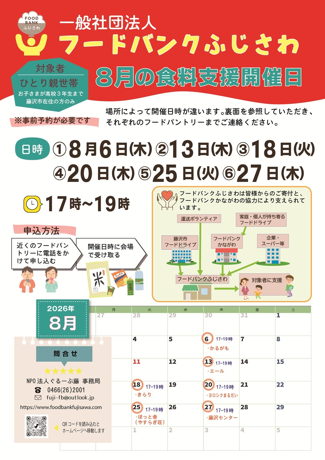 【テラスモール湘南】フードバンクふじさわ様による8月の食糧支援開催日の日程カレンダーの画像