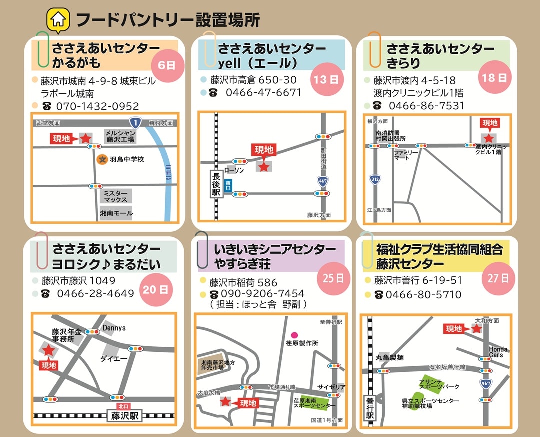 【テラスモール湘南】フードバンクふじさわ様管轄のフードパントリー各所のご住所、お電話番号、マップなど詳細情報の一覧画像