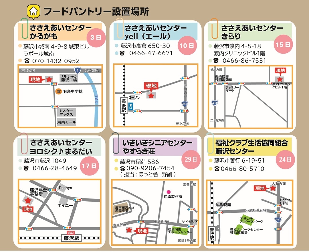 【テラスモール湘南】フードバンクふじさわ様管轄のフードパントリー各所のご住所、お電話番号、マップなど詳細情報の一覧画像
