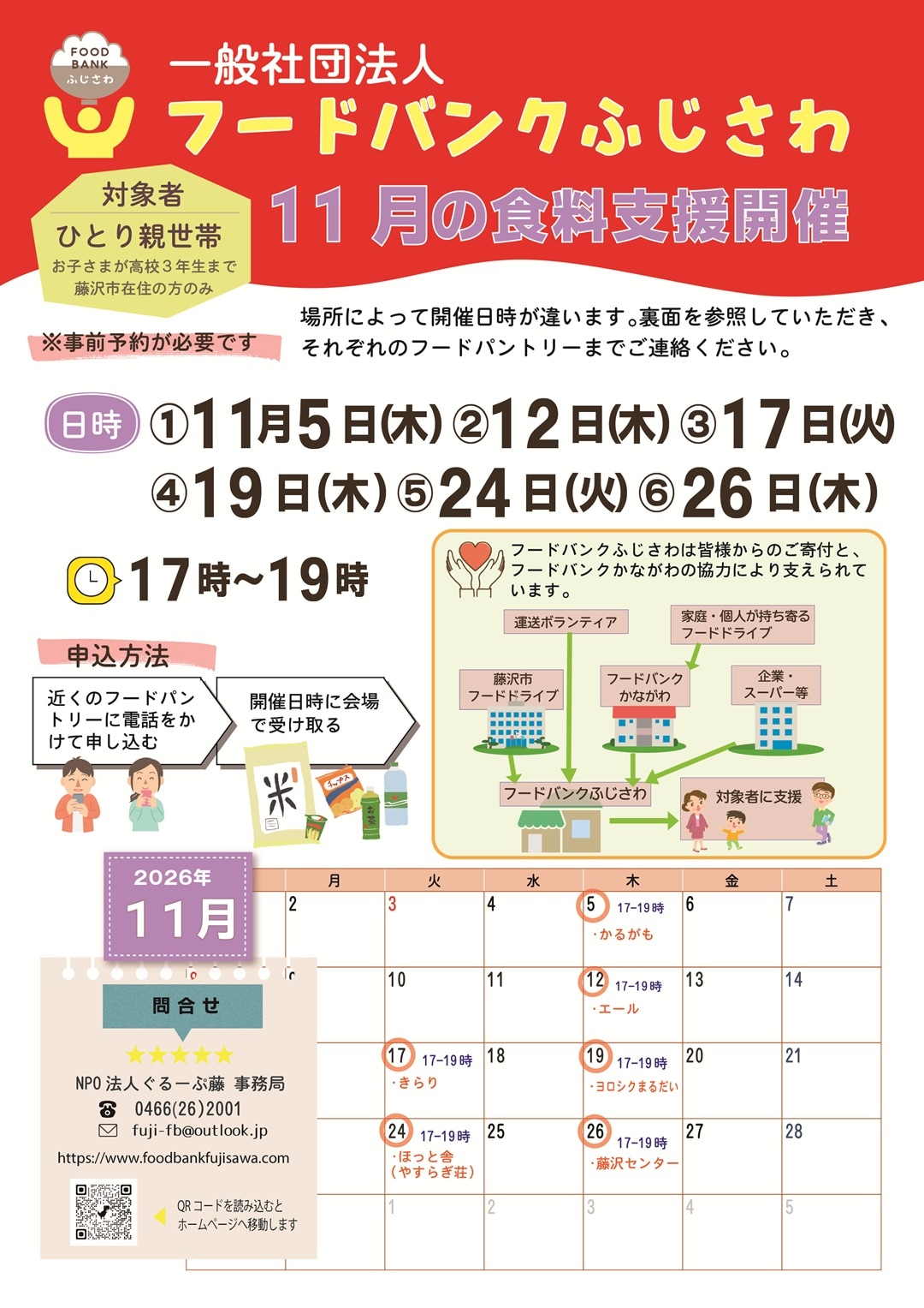 【テラスモール湘南】フードバンクふじさわ様による11月の食糧支援開催日の日程カレンダーの画像