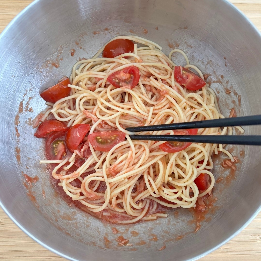 【知多】トマトジュースで作るツナと大葉の冷製パスタ